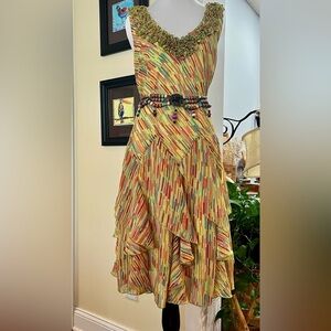 Vintage Y2k Silky Assymetrical Ruffled Skirt Drop Waist Rosette Appliqué SZ M 10